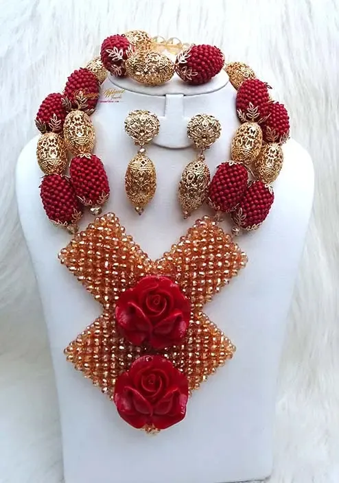 PrestigeApplause Latest New Design Bold Elegant Red and Gold Wedding Bridal African Nigerian Beads Jewellery Set …