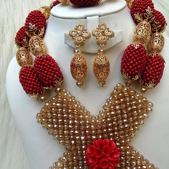 PrestigeApplause Latest New Design Bold Elegant Red and Gold Wedding Bridal African Nigerian Beads Jewellery Set …