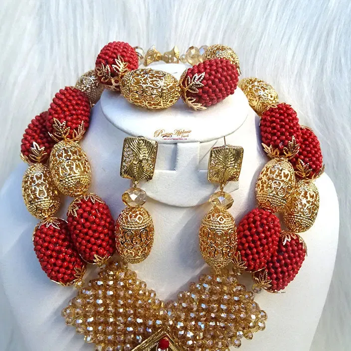 PrestigeApplause Latest New Design Bold Elegant Red and Gold Wedding Bridal African Nigerian Beads Jewellery Set …