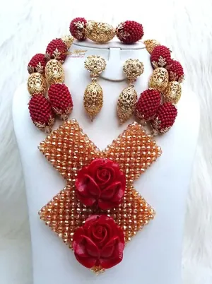 PrestigeApplause Latest New Design Bold Elegant Red and Gold Wedding Bridal African Nigerian Beads Jewellery Set …