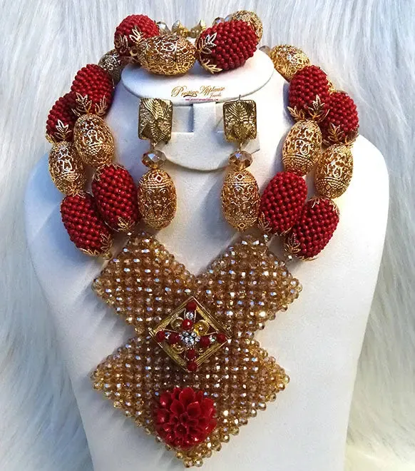 PrestigeApplause Latest New Design Bold Elegant Red and Gold Wedding Bridal African Nigerian Beads Jewellery Set …
