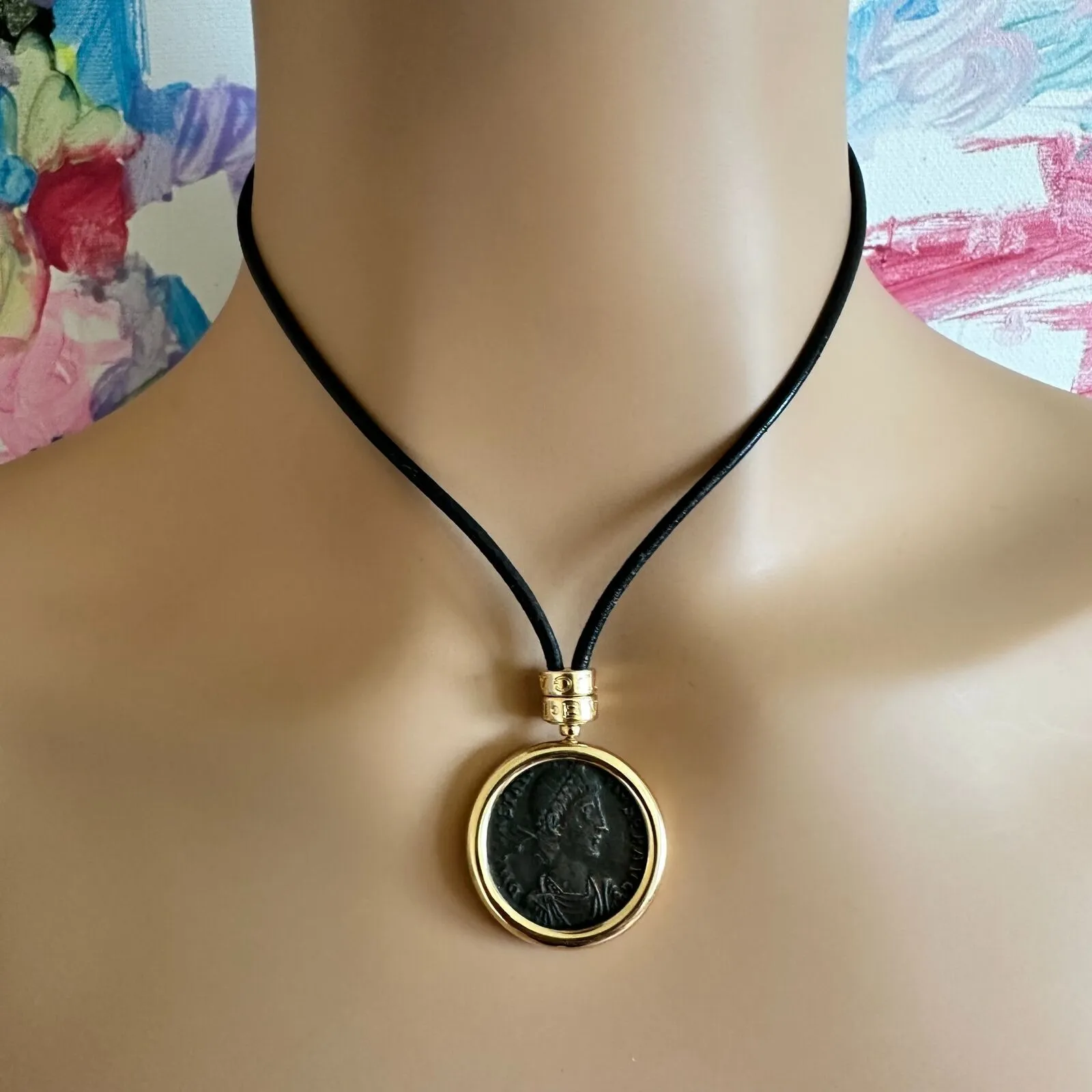 Rare! Bvlgari Bulgari Monete Coin 18k Yellow Gold Black Leather Lariat Necklace