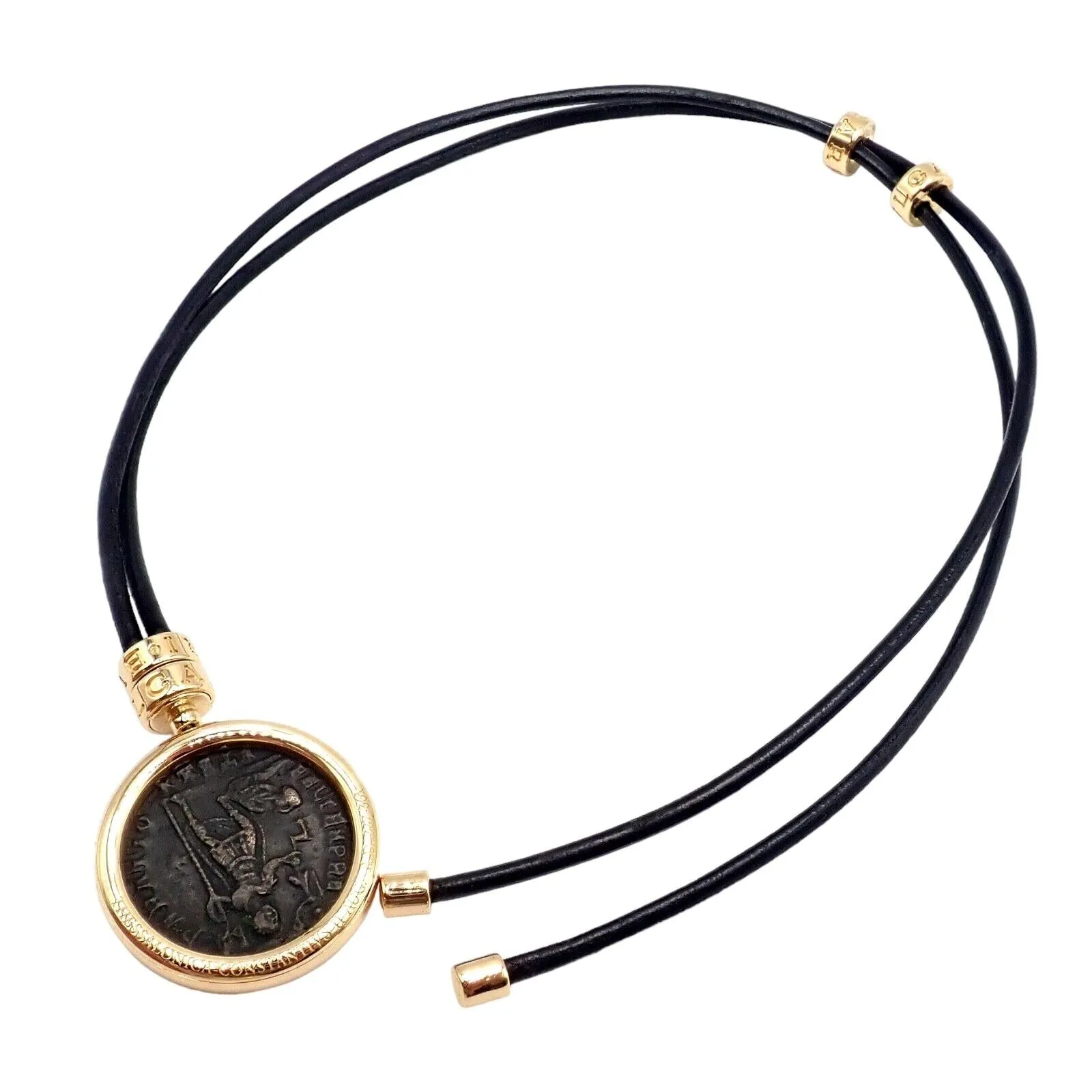 Rare! Bvlgari Bulgari Monete Coin 18k Yellow Gold Black Leather Lariat Necklace
