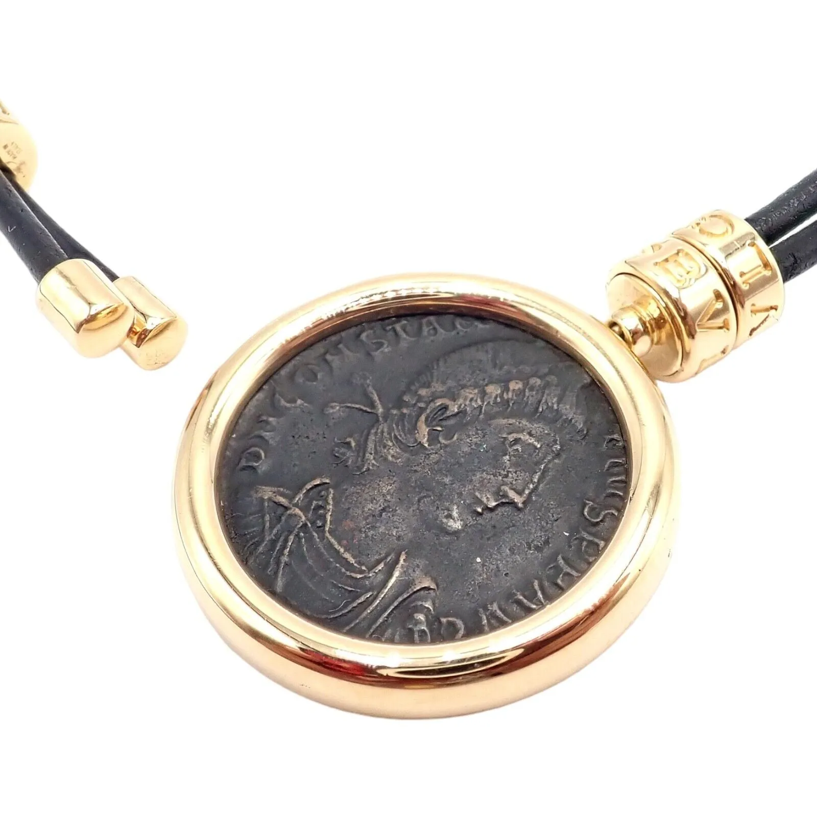 Rare! Bvlgari Bulgari Monete Coin 18k Yellow Gold Black Leather Lariat Necklace