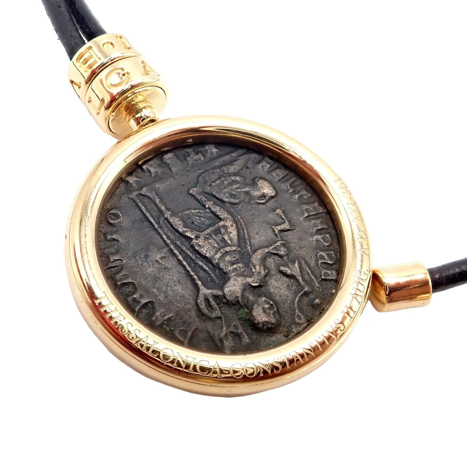 Rare! Bvlgari Bulgari Monete Coin 18k Yellow Gold Black Leather Lariat Necklace