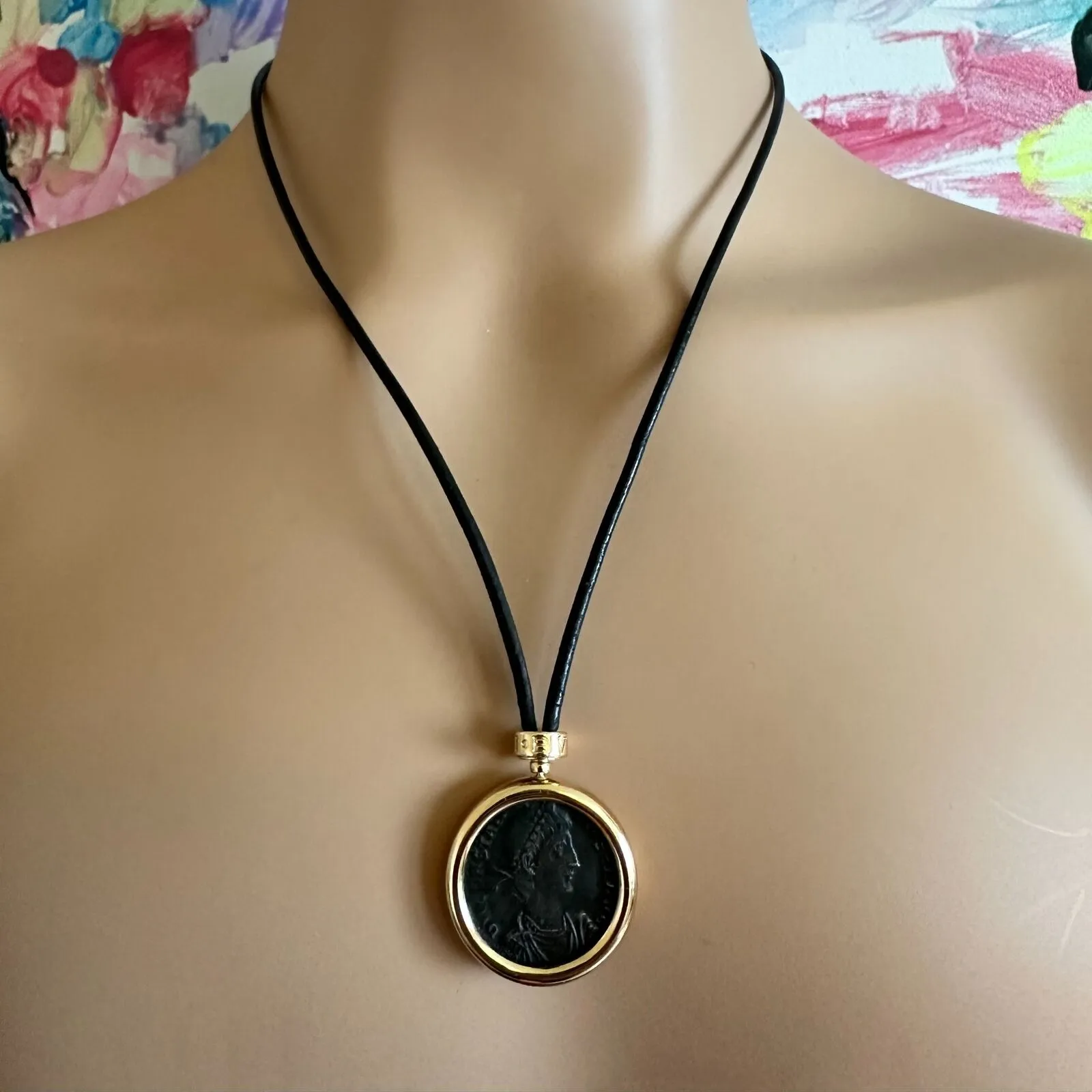 Rare! Bvlgari Bulgari Monete Coin 18k Yellow Gold Black Leather Lariat Necklace
