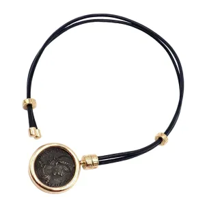 Rare! Bvlgari Bulgari Monete Coin 18k Yellow Gold Black Leather Lariat Necklace