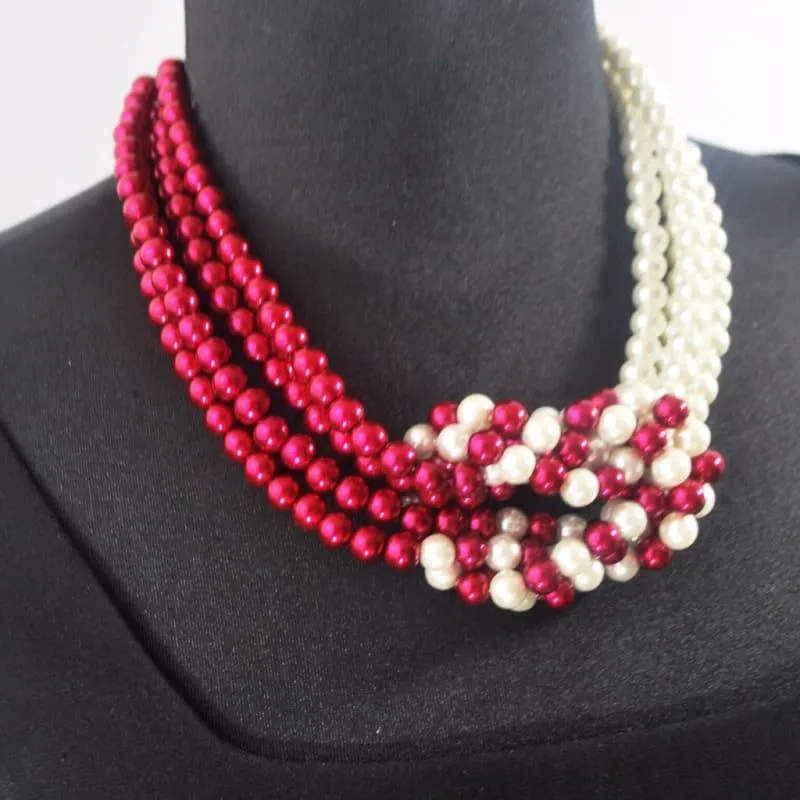 Red and White Interlocking Pearls Necklace