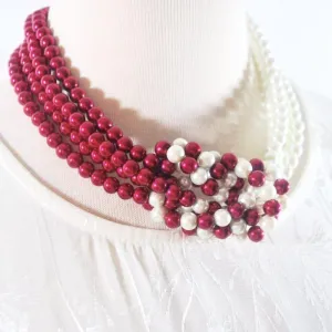 Red and White Interlocking Pearls Necklace