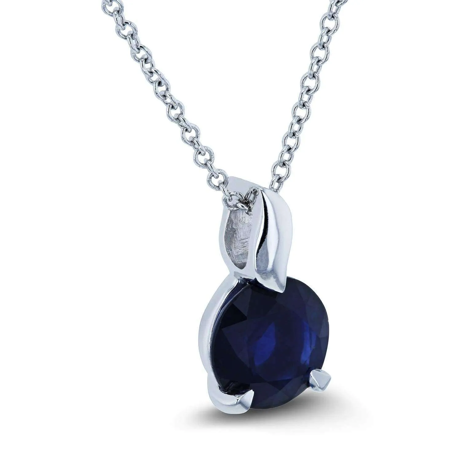 Round Blue Sapphire Pendant and Chain Solitaire Necklace in 14k White Gold