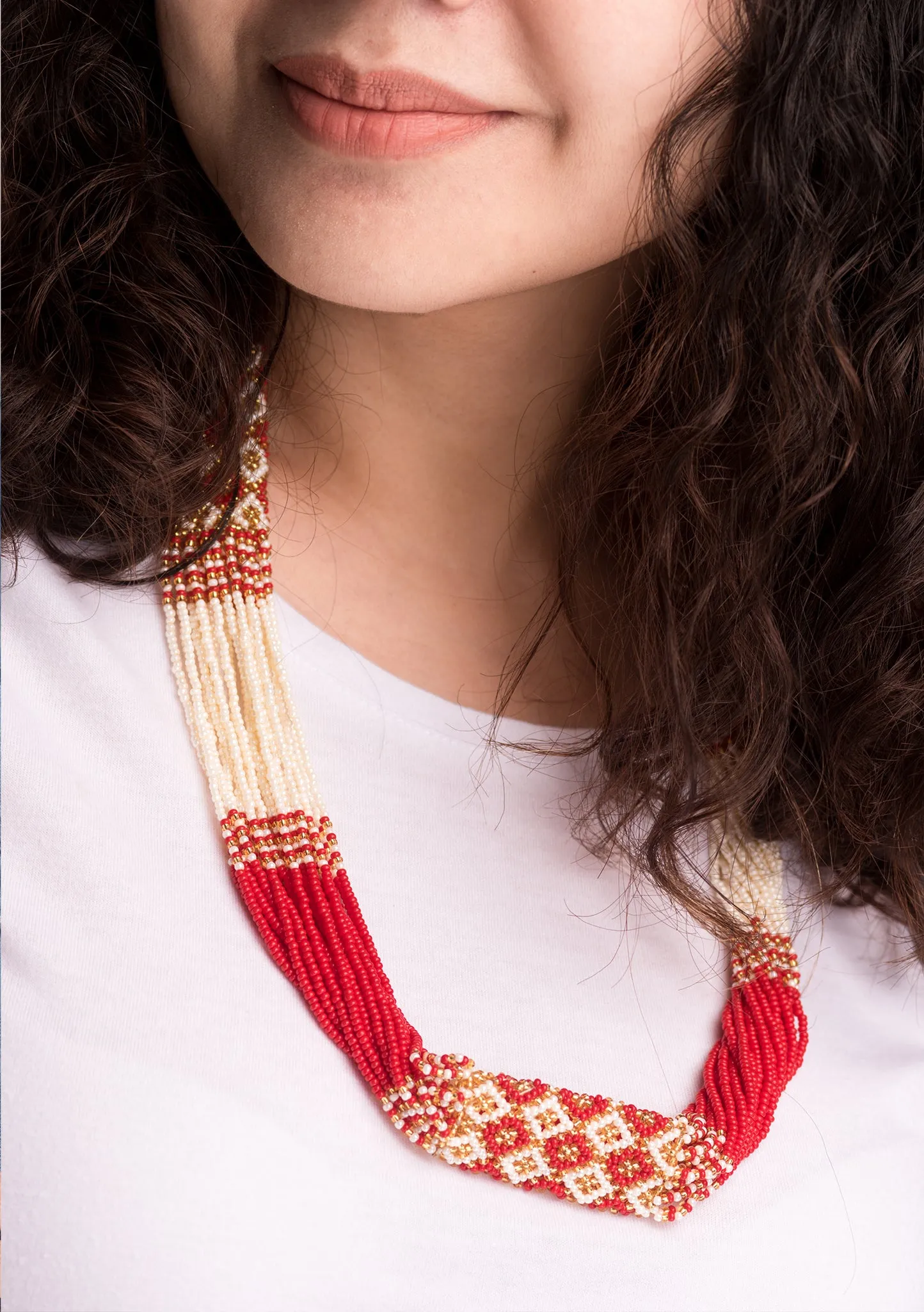Shining Red White Glass Beaded Layered Necklace