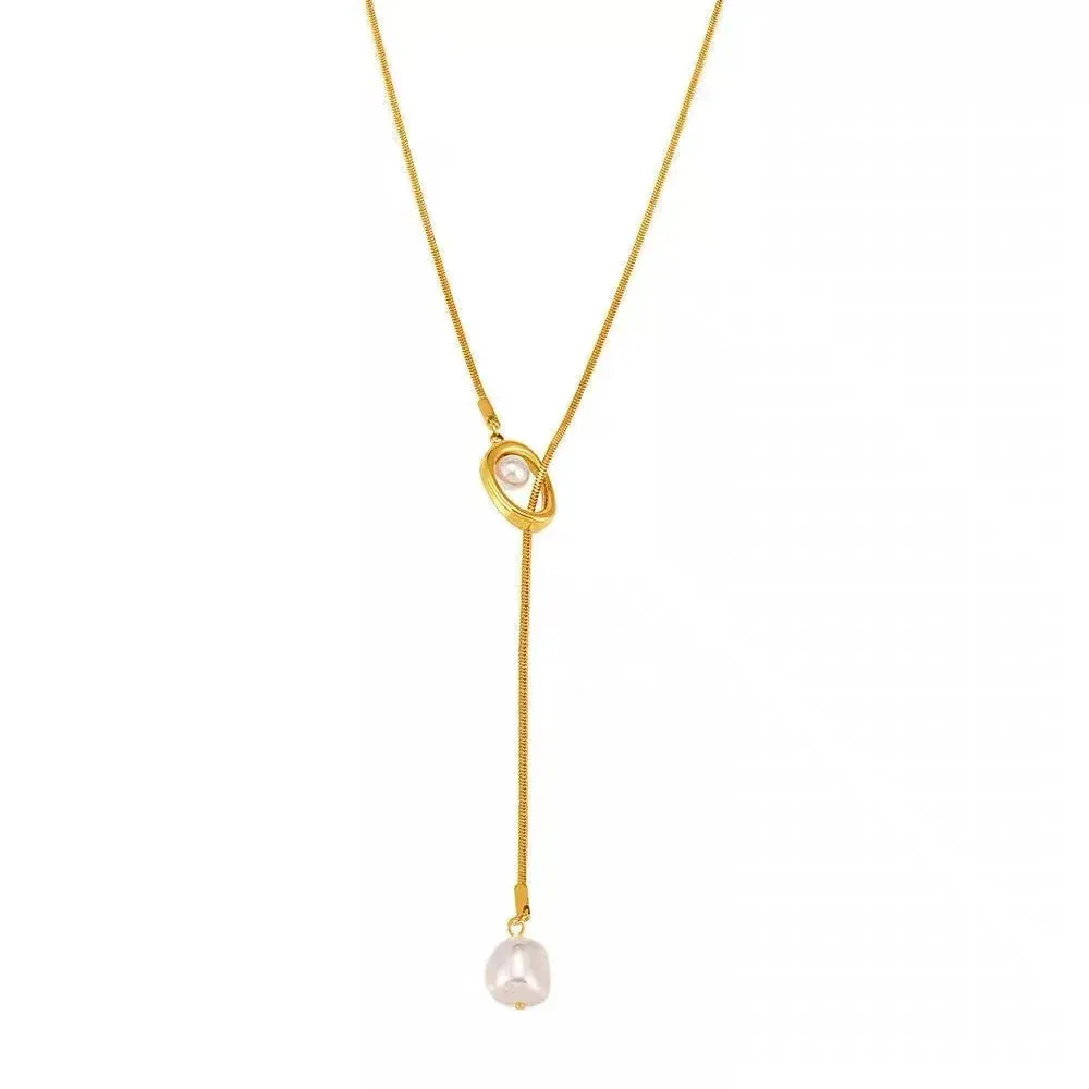 Stainless Steel Pull-out Adjustable Chain Baroque Pearl Necklace