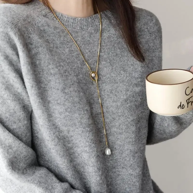Stainless Steel Pull-out Adjustable Chain Baroque Pearl Necklace