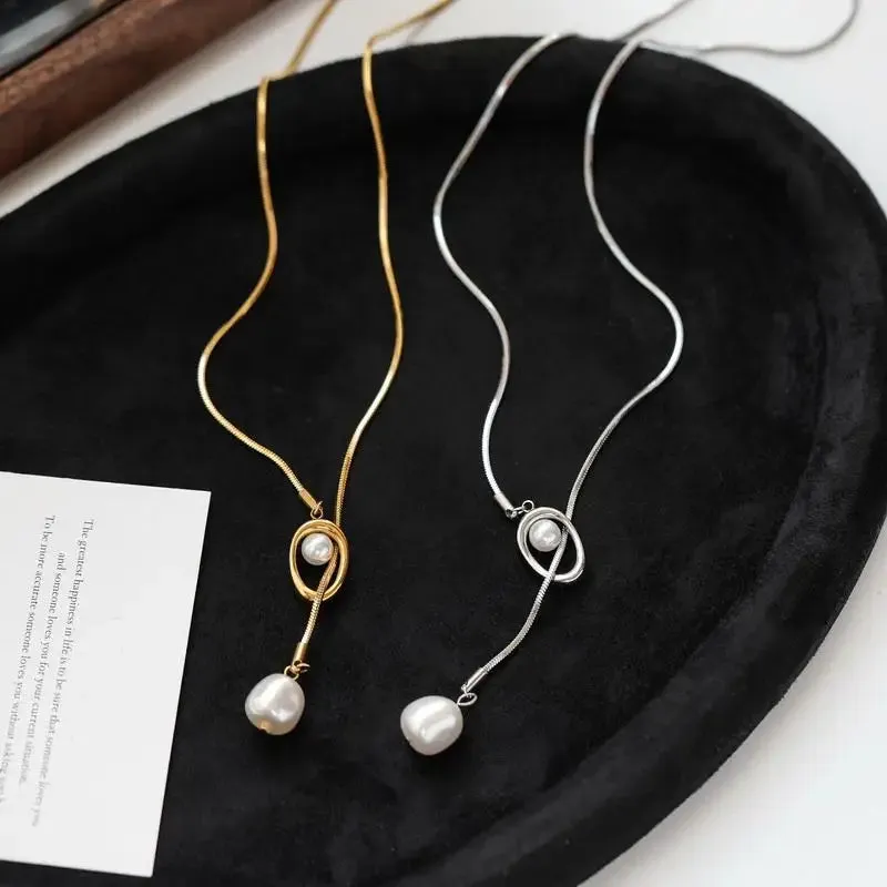 Stainless Steel Pull-out Adjustable Chain Baroque Pearl Necklace