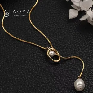 Stainless Steel Pull-out Adjustable Chain Baroque Pearl Necklace