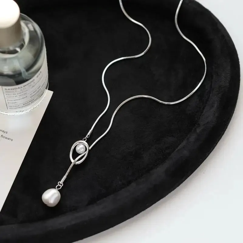 Stainless Steel Pull-out Adjustable Chain Baroque Pearl Necklace