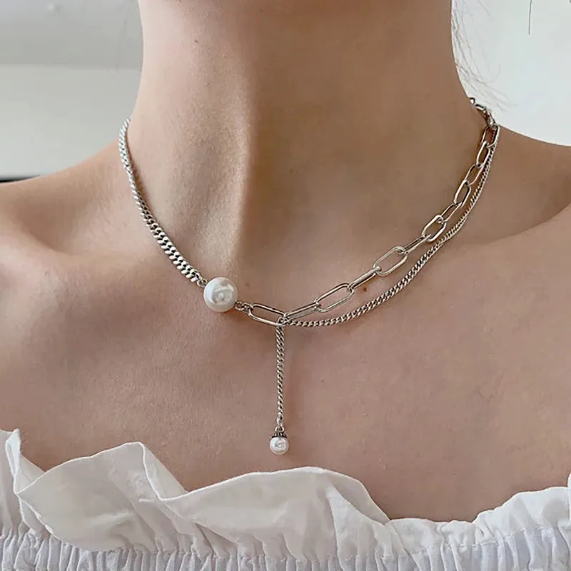 VAIGE Elegant Pearl Geometric Double Layered Dangle Necklace in Silver and Gold