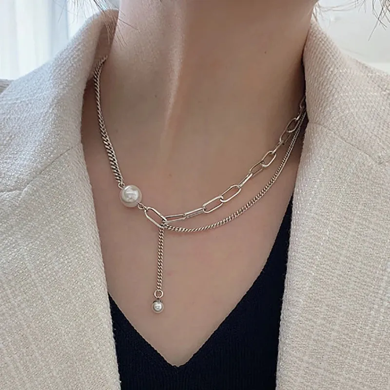 VAIGE Elegant Pearl Geometric Double Layered Dangle Necklace in Silver and Gold