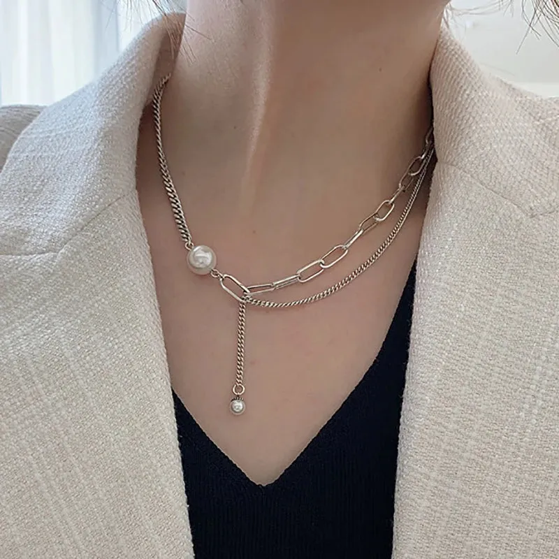 VAIGE Elegant Pearl Geometric Double Layered Dangle Necklace in Silver and Gold