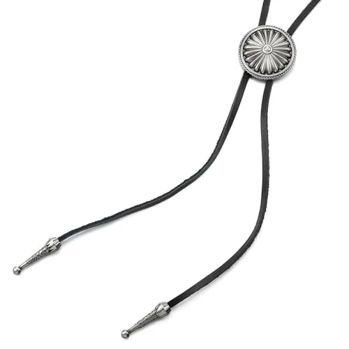 Vintage Circle Button Bolo Tie Necktie, Lariat Rodeo Long Y Necklace for Man Women, Black Leather
