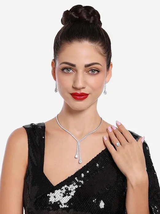 Women Silver Tone Cubic Zirconia Party Contemporary Necklace Earring & Ring Set