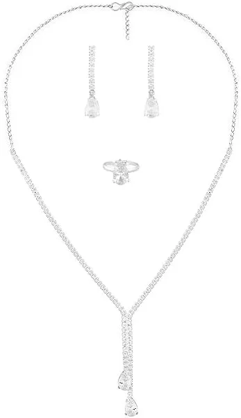 Women Silver Tone Cubic Zirconia Party Contemporary Necklace Earring & Ring Set