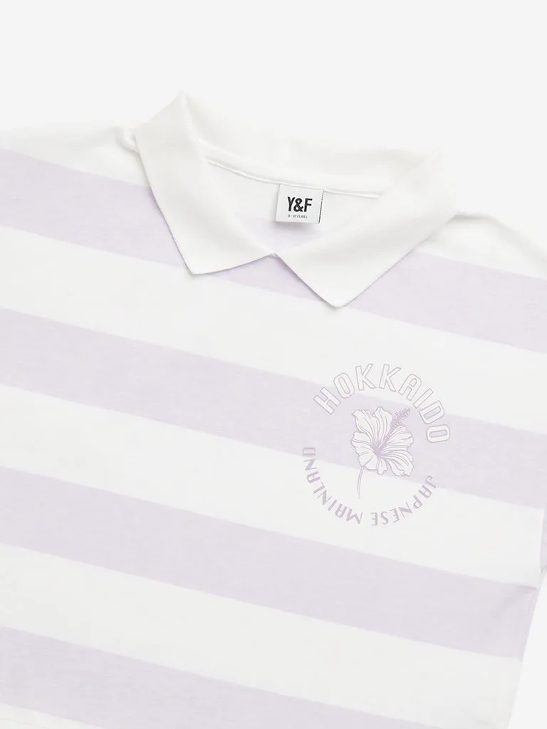Y&F Kids Lilac Stripes Printed Polo Crop T-Shirt
