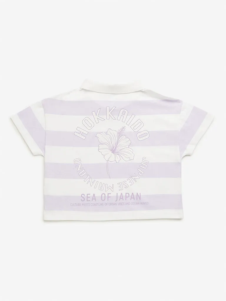 Y&F Kids Lilac Stripes Printed Polo Crop T-Shirt